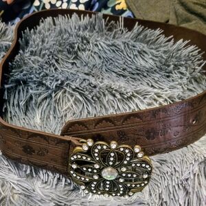 Brown Embellished Belt with Gold Buckle